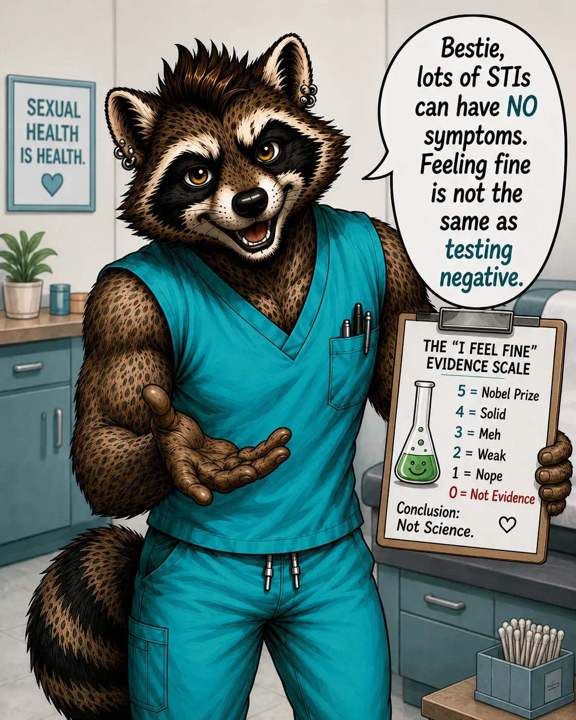 On the official Nurse Rumbles Evidence Scale: “I feel fine” = 0. Not evidence. Your body does not always send a push notification when something needs attention. Get tested, bestie. 🧪💚 #STIawareness #STITesting #SexualHealth #LGBTQHealth #NurseRumbles