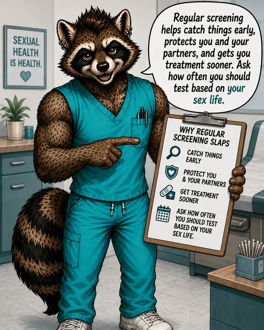 Why does regular screening slap? 🔎 Catch things early.
💚 Protect you + your partners.
💊 Get treatment sooner.
📅 Know when you should come back. Responsible hoes schedule follow-ups. I don’t make the rules. 🦝 #SexualHealth #SaferSex #STITesting #QueerHealth #SexPositive