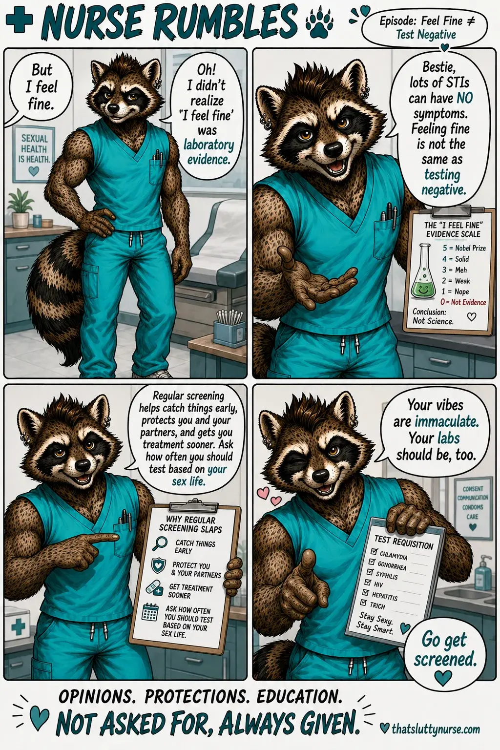 Feeling fine is wonderful. We love that for you. 💚 Unfortunately, “I feel fine” is not a lab result. A lot can be happening downstairs without sending you a calendar invite first. Regular sexual-health screening helps you know what’s actually going on, catch things earlier, protect your partners, and get treatment when you need it. How often you should test depends on your sex life, your partners, and what kinds of sex you’re having—so this is one of those times when being completely honest with your healthcare provider really does pay off. No shame. No morality lesson. No interrogation about how many people you slept with at Pride. Just information. Your vibes can remain immaculate. ✨
We’re simply asking your labs to keep up. — Nurse Rumbles 🦝💚 #SexualHealth #STITesting #QueerHealth #LGBTQHealth #SexPositive